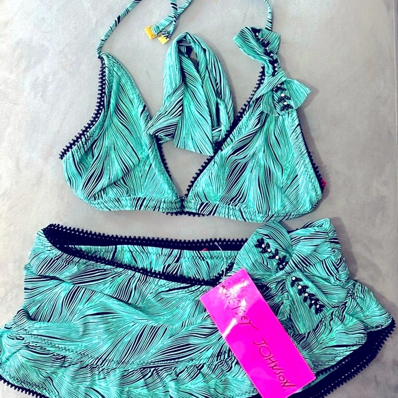 BETSEY JOHNSON Swim Teal Black
Rhinestone Bow Bikini. Size Small Top & Bottom - Picture 9 of 12